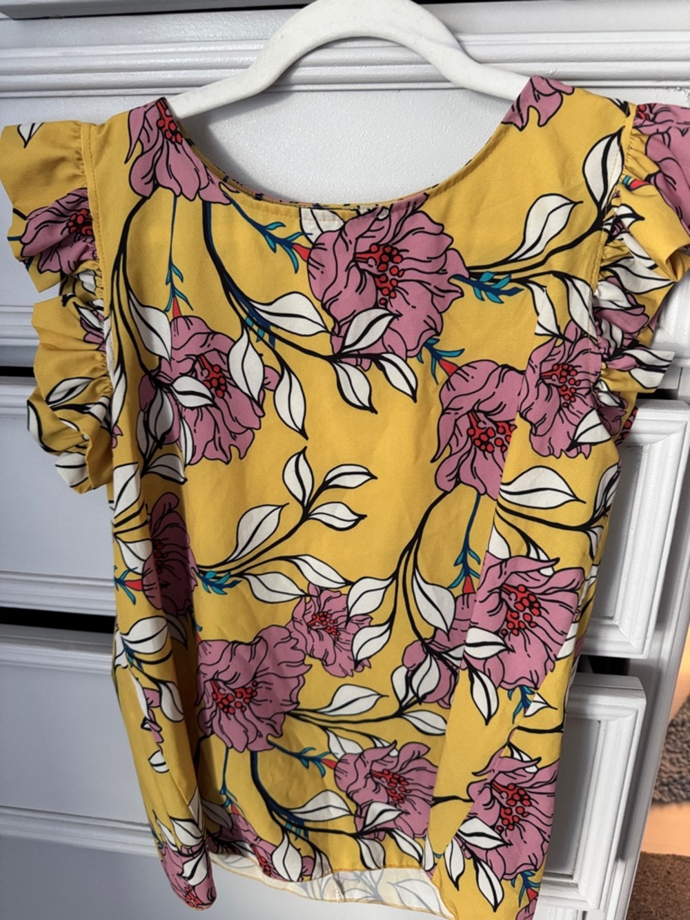 Yellow Floral Ruffle Sleeve Blouse - Pink Floral Print. Made in Italy.